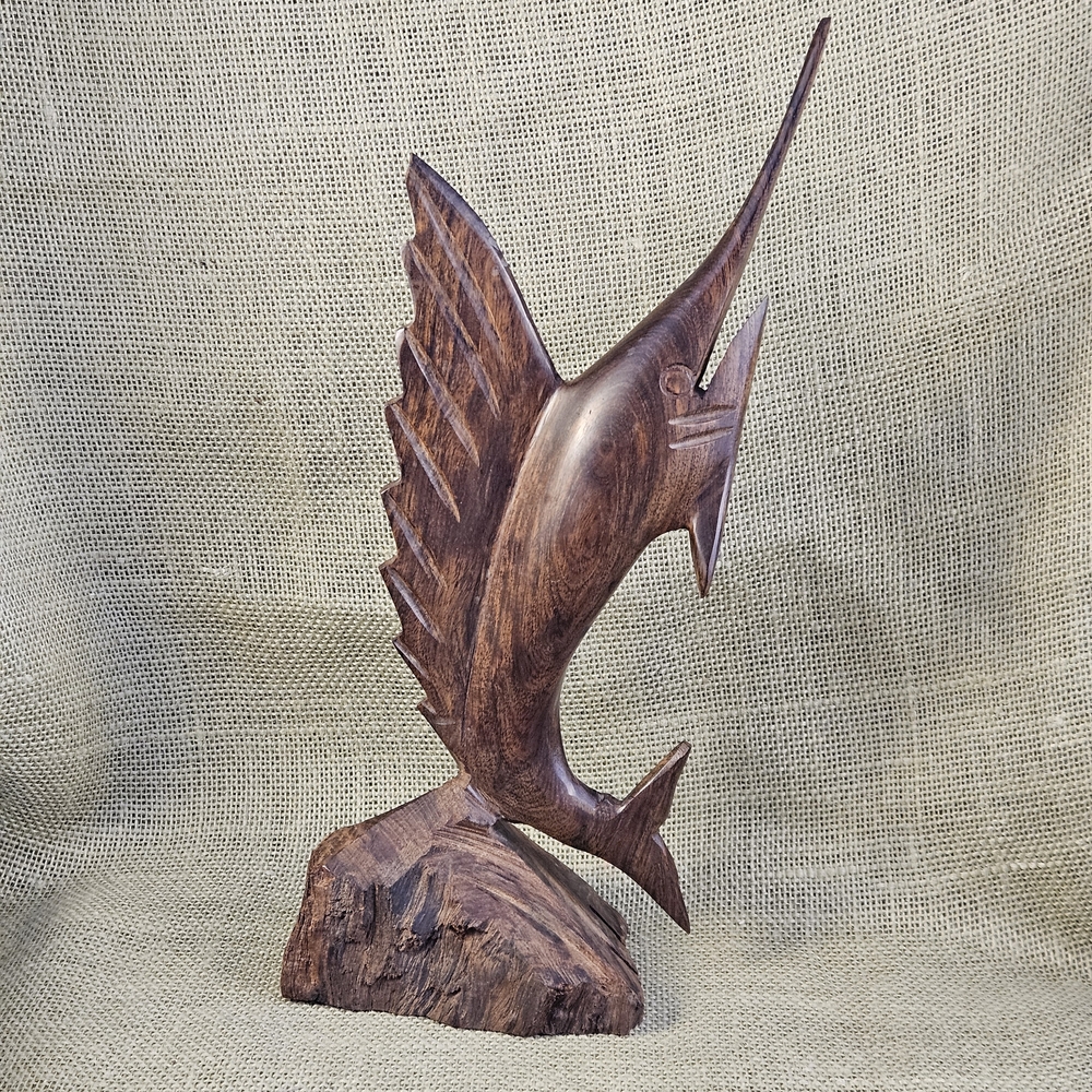 Hand-Carved Ironwood Swordfish Sculpture On Driftwood Base Home